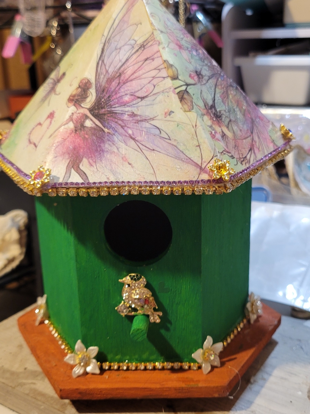 Handcrafted Green Fairy-Print Decorative Birdhouse by